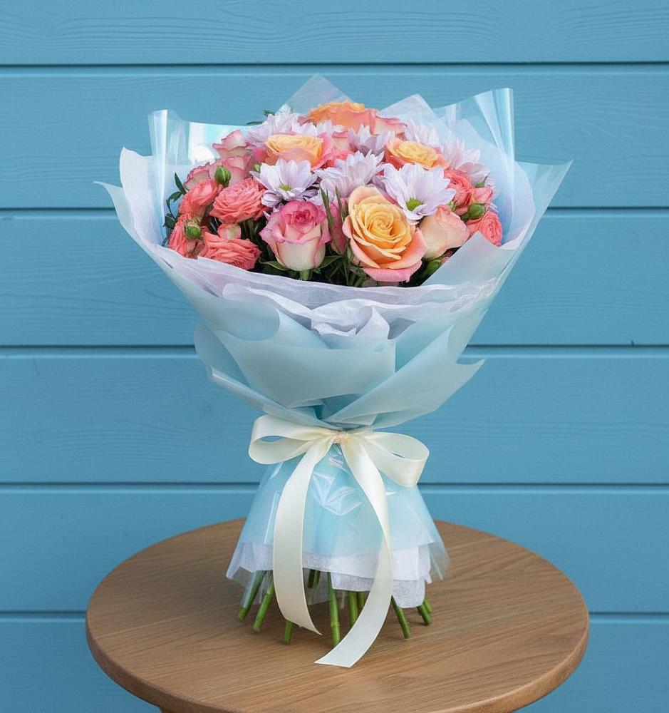 Букет цветов из: Хризантемы и Розы в Сланцах